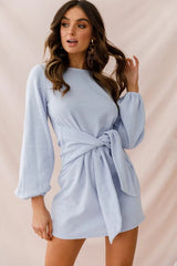 Light Blue Long Sleeve Mini Dress with Waist Tie