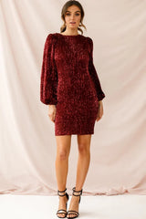 Burgundy Sequin Mini Dress with Long Balloon Sleeves and Crew Neck