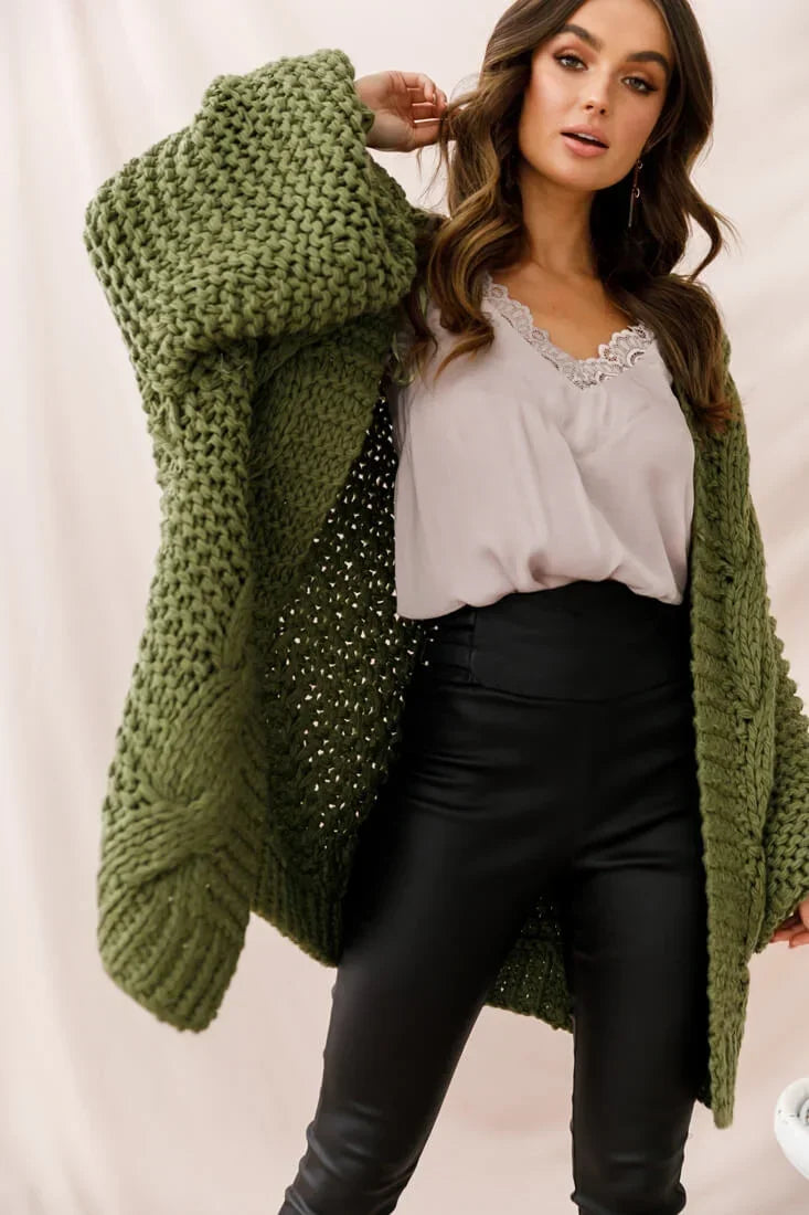 Olive Green Chunky Knit Cardigan with Oversized Batwing Sleeves