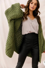 Olive Green Chunky Knit Cardigan with Oversized Batwing Sleeves