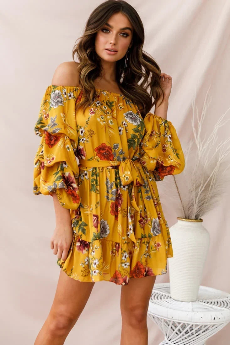 Yellow Floral Off-Shoulder Mini Dress with Balloon Sleeves