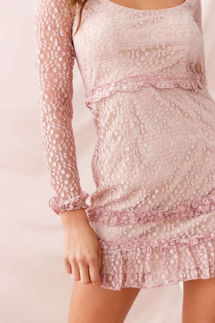 Mauve Lace Mini Dress with Square Neckline and Ruffle Trim
