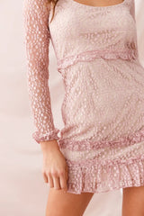 Mauve Lace Mini Dress with Square Neckline and Ruffle Trim
