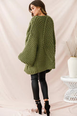 Olive Green Chunky Knit Cardigan with Oversized Batwing Sleeves