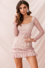 Mauve Lace Mini Dress with Square Neckline and Ruffle Trim