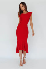 Red Midi Dress with Ruffle Cap Sleeves and Flounce Hem
